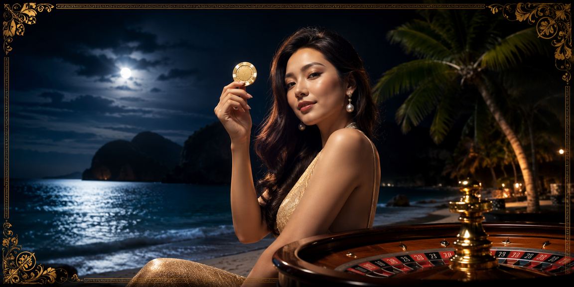 Khung cảnh bãi biển Côn Đảo thư giãn với giao diện roulette casino trực tuyến trên điện thoại