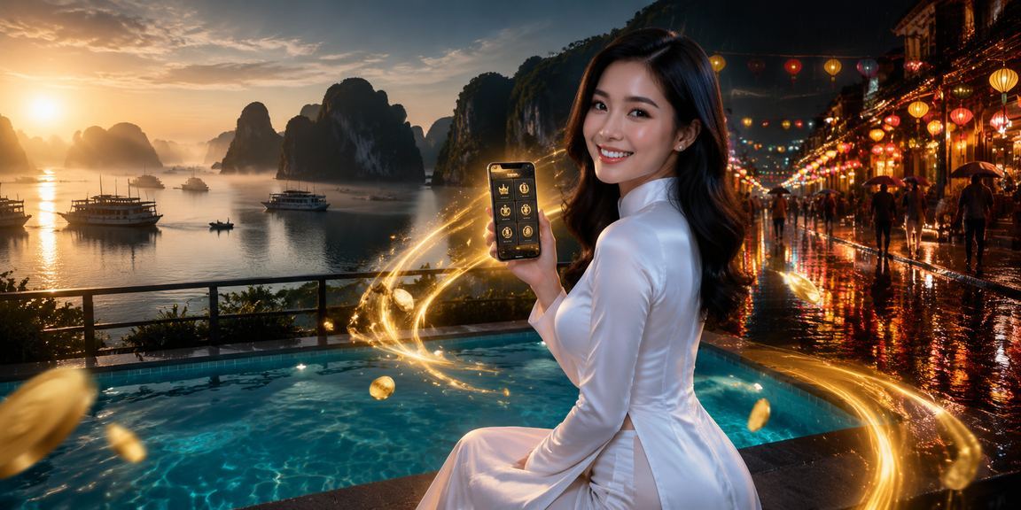 Người phụ nữ mặc áo dài đứng trên thuyền tại Hạ Long Bay đang kiểm tra ưu đãi hoàn trả trên điện thoại