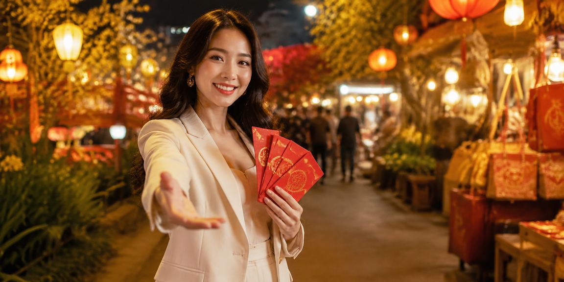 Bao lì xì đỏ truyền thống tại chợ đêm Hà Nội tượng trưng cho ưu đãi phong bì đỏ dịp Tết