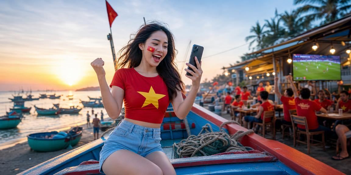 Người dùng tại Mũi Né ngồi trên bãi biển dùng điện thoại truy cập casino và nhập mã voucher