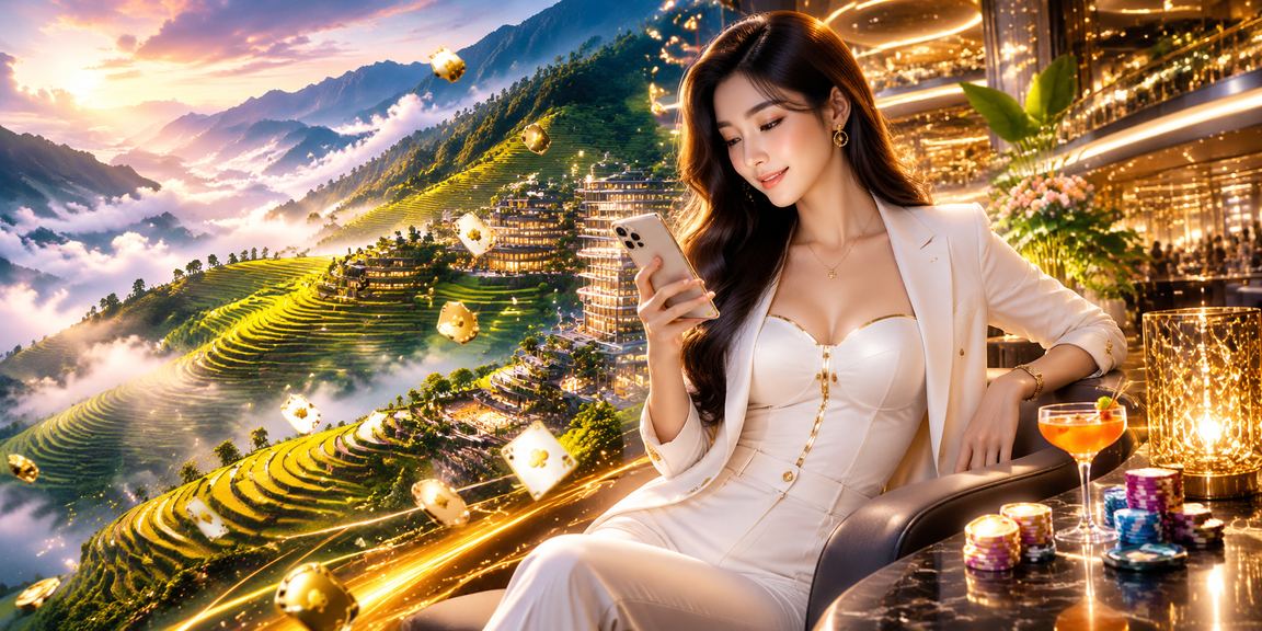 Người chơi bài casino trực tuyến tại Sa Pa với phong cảnh núi rừng mờ sương phía sau